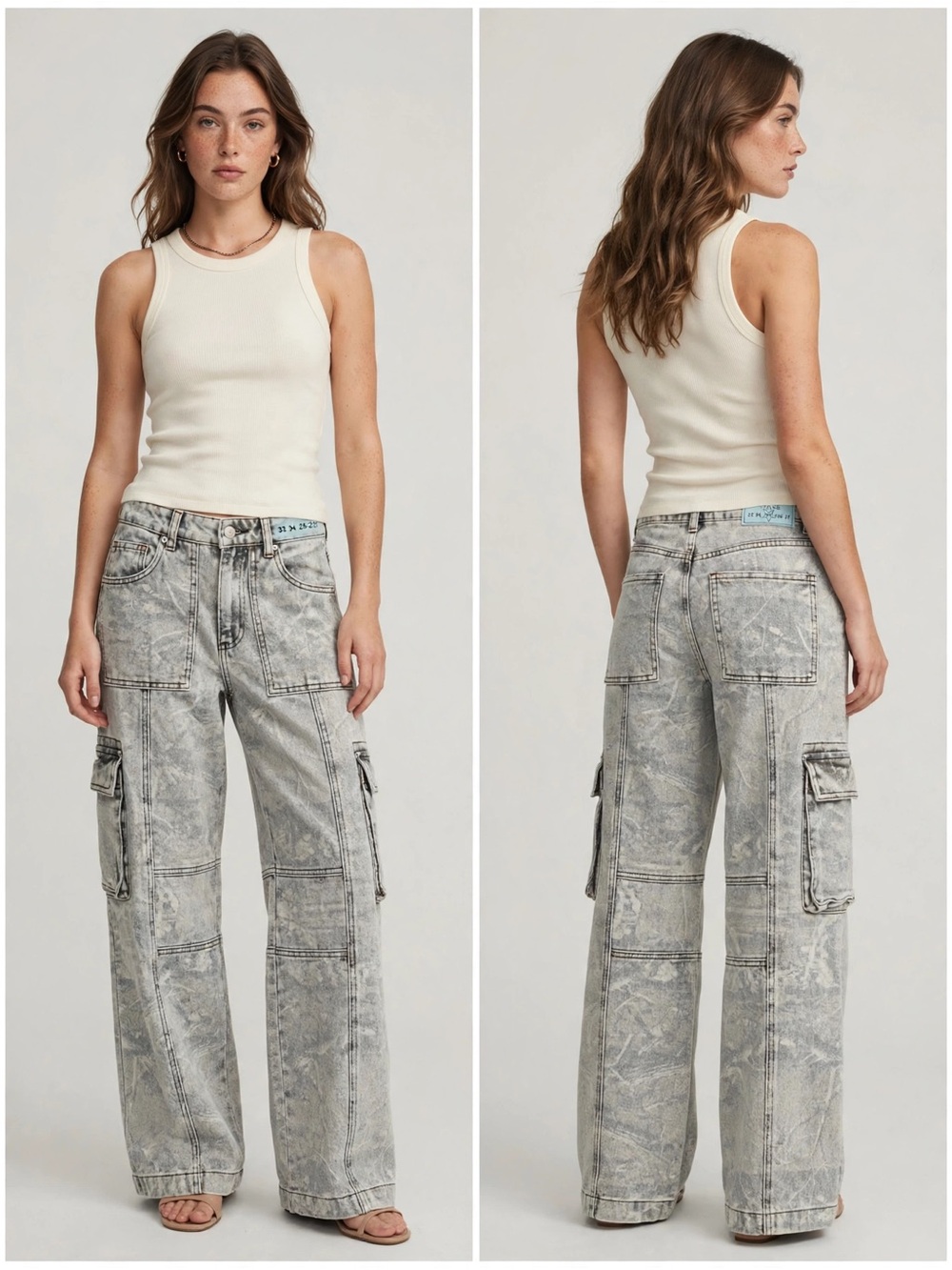 REVICE Washed Light Gray Wide Leg Cargo Jeans